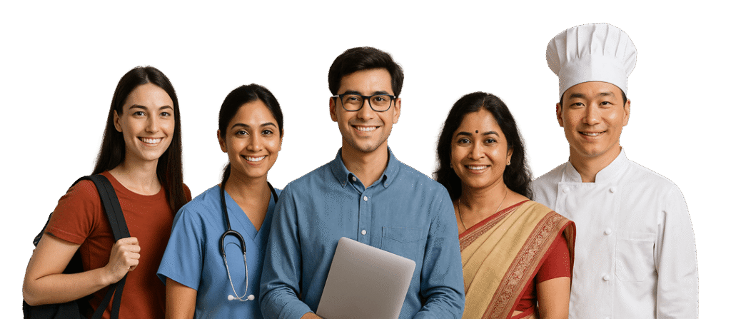 Group of diverse people including student, nurse, professional, parent, and chef representing Australian visa applicants supported by TIA Global migration agents