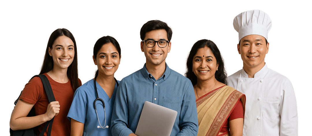 Group of diverse people including student, nurse, professional, parent, and chef representing Australian visa applicants supported by TIA Global migration agents